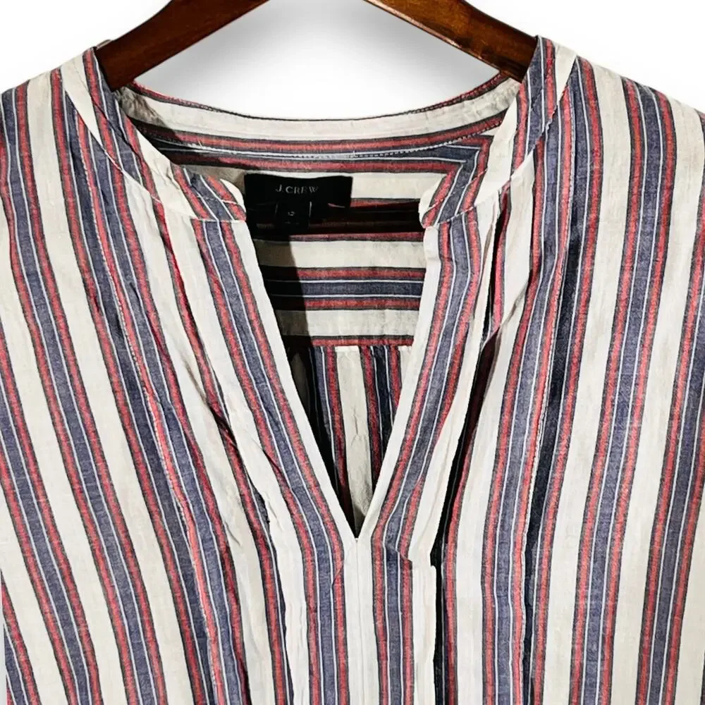 J.Crew Striped Popover Blouse 12 Split Neck Tunic Red Blue Cotton Shirt